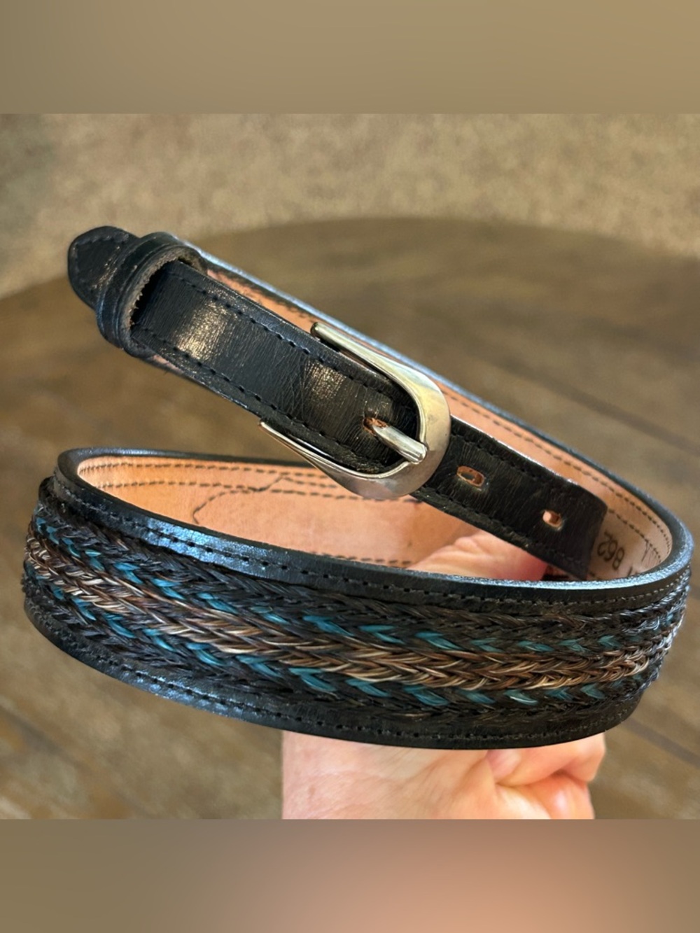 3-D Western Horsehair Inlay Belt Woven Black Leather Belt Made in USA Size 28